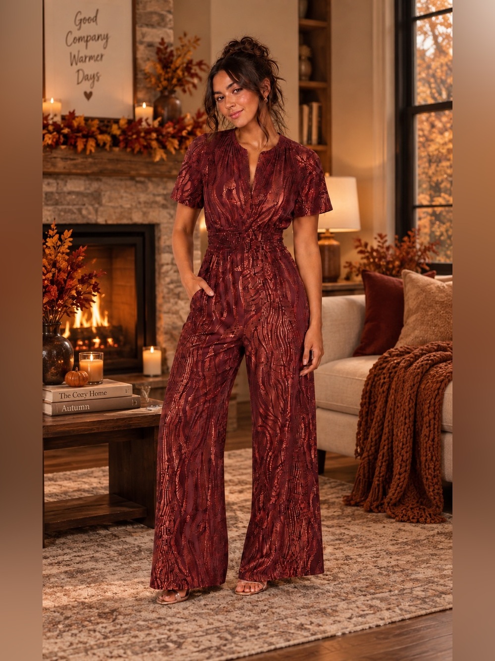 Anthropologie Burgundy Boho The Somerset Jumpsuit: Velvet Burnout Edition XS